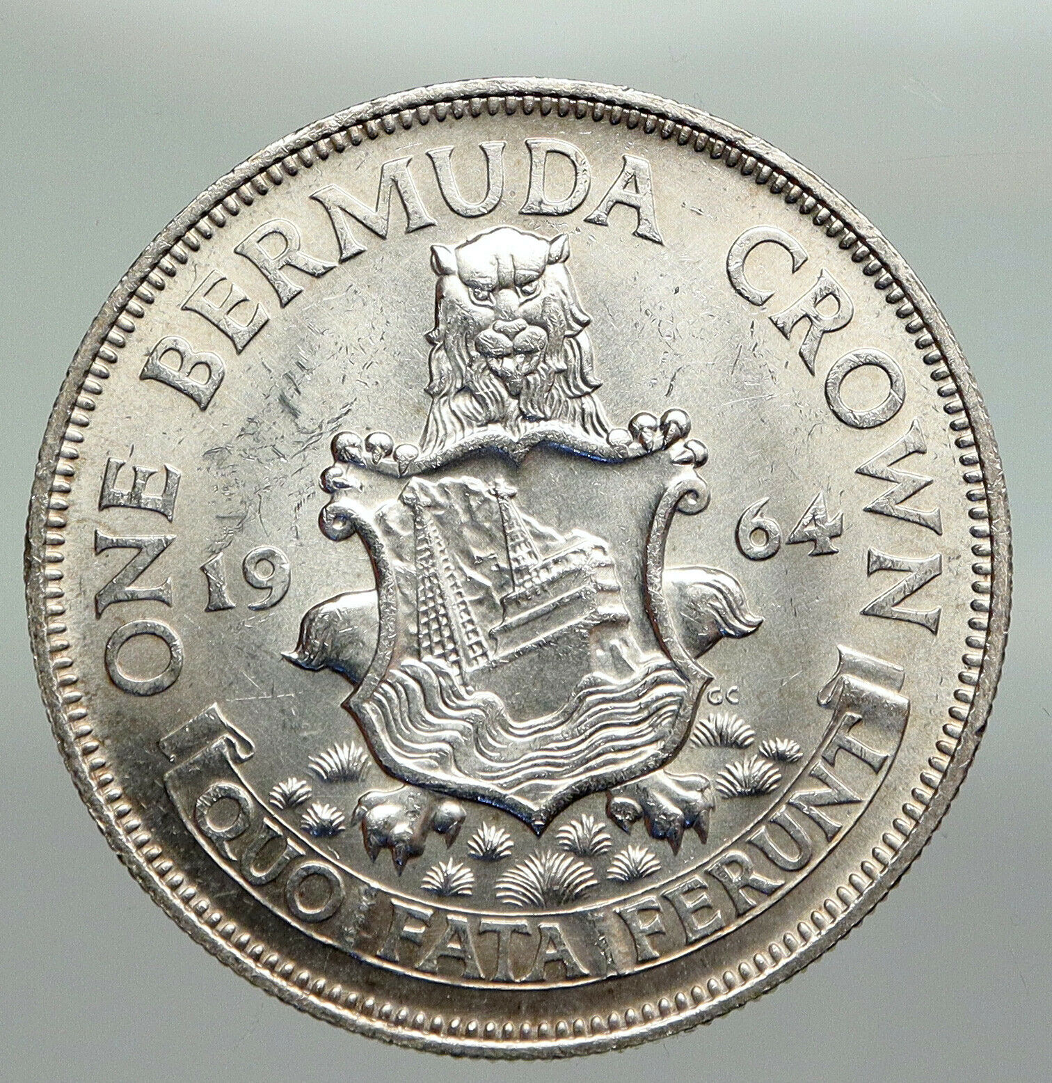 1964 BERMUDA British Colony LARGE Elizabeth II VINTAGE Silver Crown Coin i92259