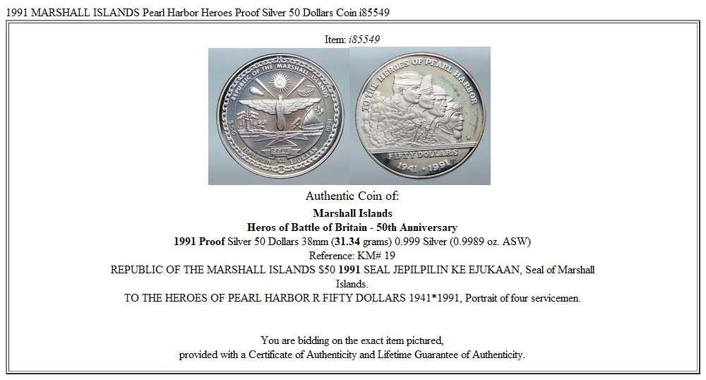 1991 MARSHALL ISLANDS Pearl Harbor Heroes Proof Silver 50 Dollars Coin i85549