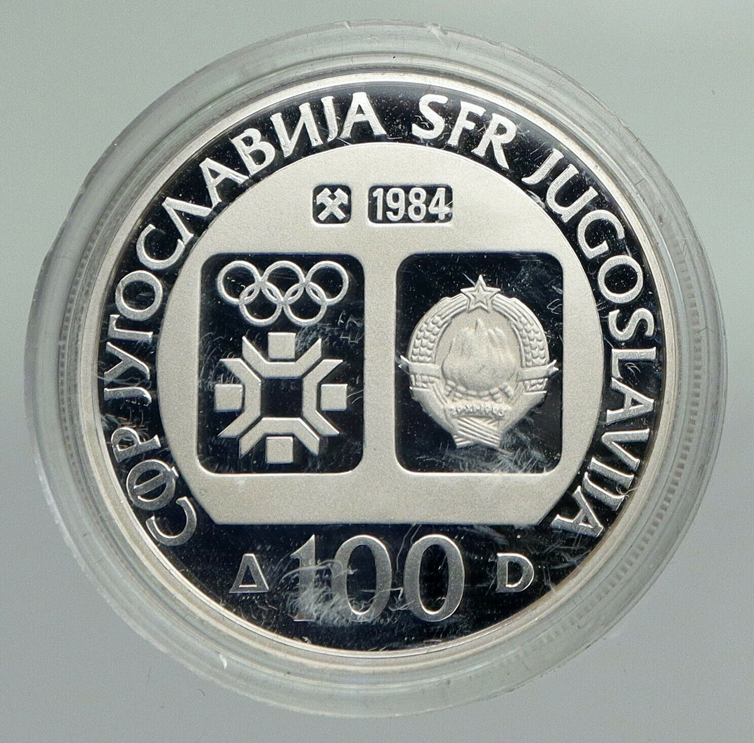 1984 YUGOSLAVIA Sarajevo XIV Olympics Pairs Skating PROOF Silver 100 Coin i92348