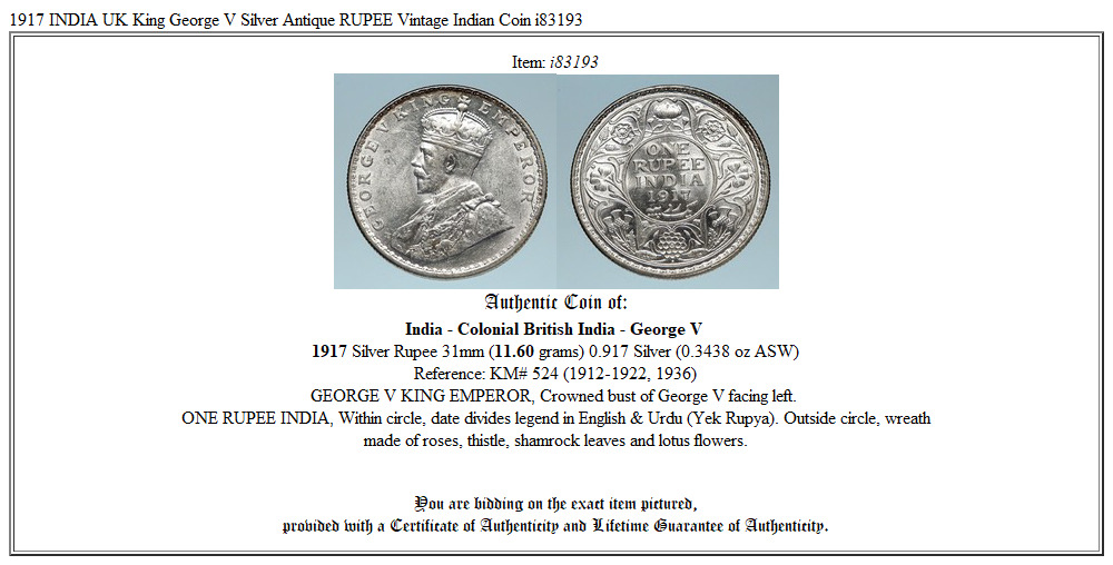 1917 INDIA UK King George V Silver Antique RUPEE Vintage Indian Coin i83193