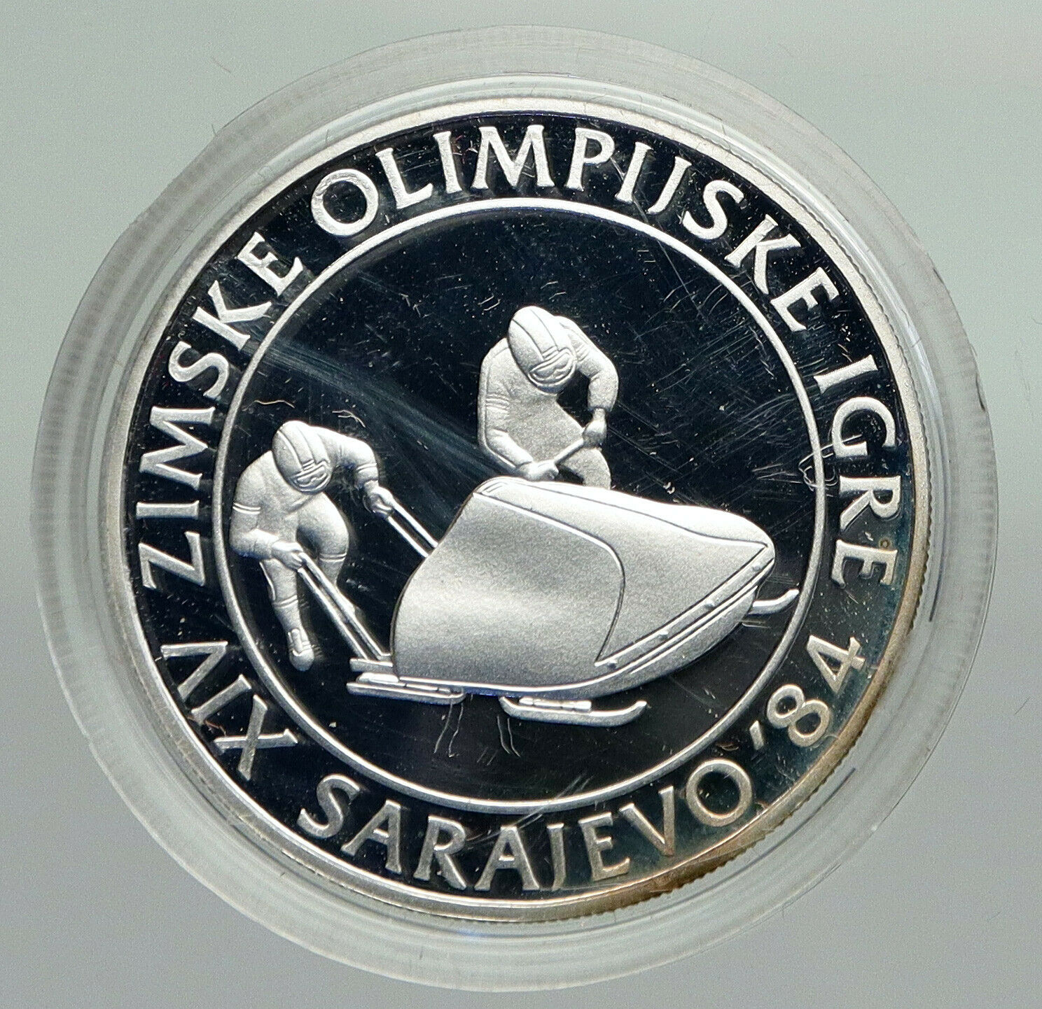 1984 YUGOSLAVIA Sarajevo XIV Olympics Luge Bobsled PROOF Silver 100 Coin i92361