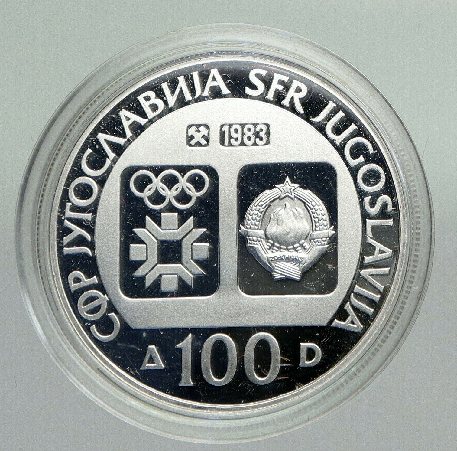 1984 YUGOSLAVIA Sarajevo XIV Olympics Luge Bobsled PROOF Silver 100 Coin i92361