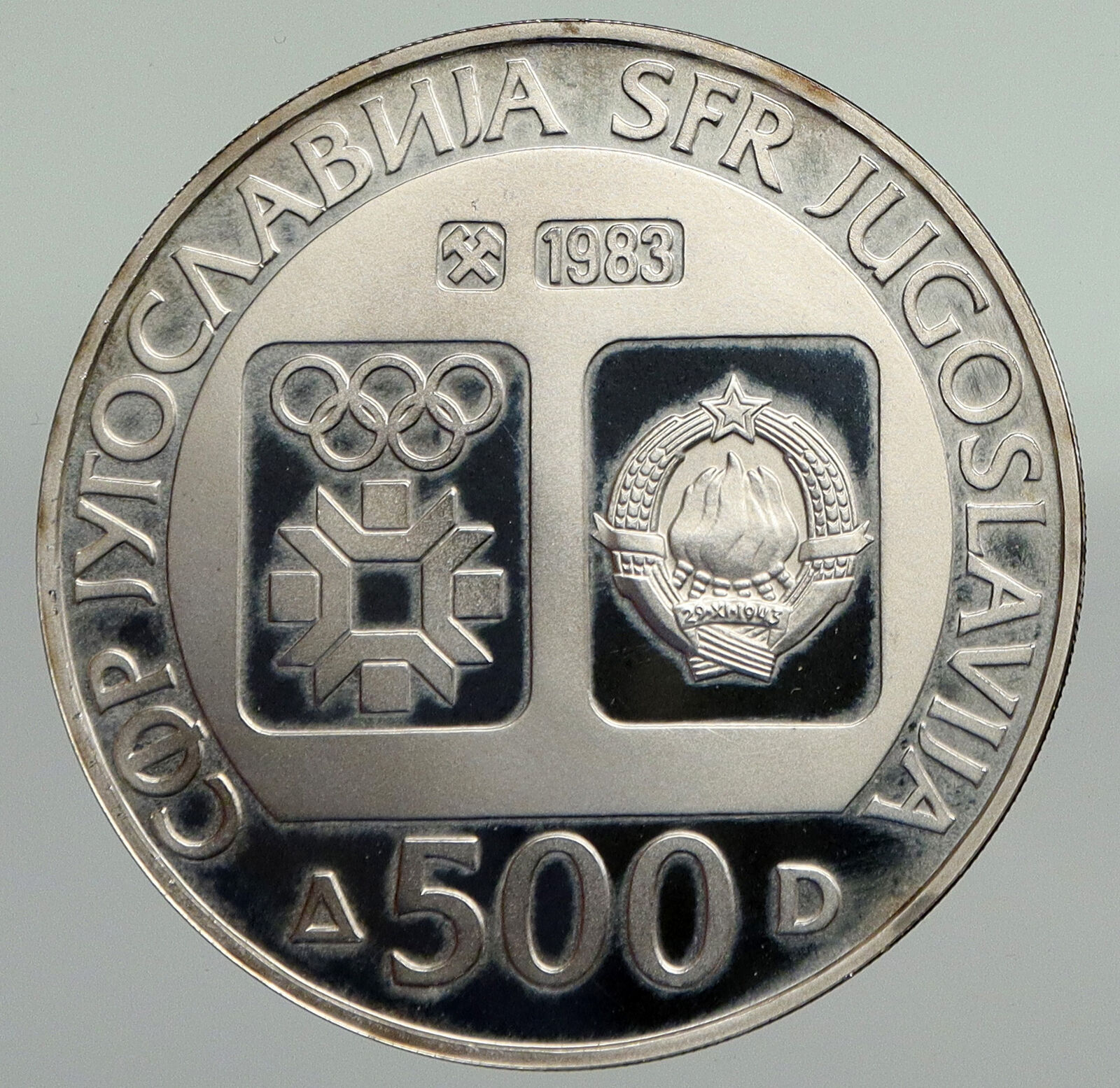 1983 YUGOSLAVIA '84 Olympics SARAJEVO Ski Jumper PROOF Silver 500D Coin i92324