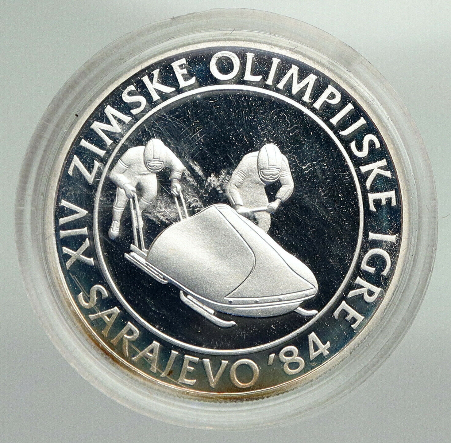 1984 YUGOSLAVIA Sarajevo XIV Olympics Luge Bobsled PROOF Silver 100 Coin i92330