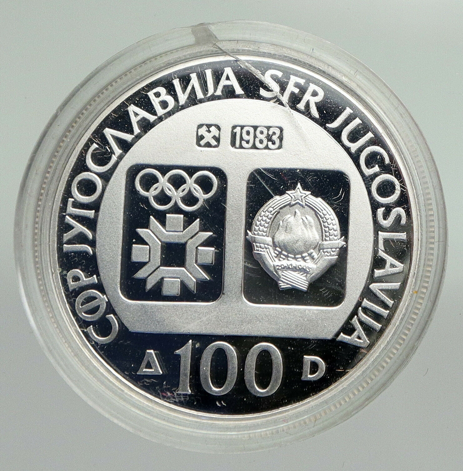 1984 YUGOSLAVIA Sarajevo XIV Olympics Luge Bobsled PROOF Silver 100 Coin i92330