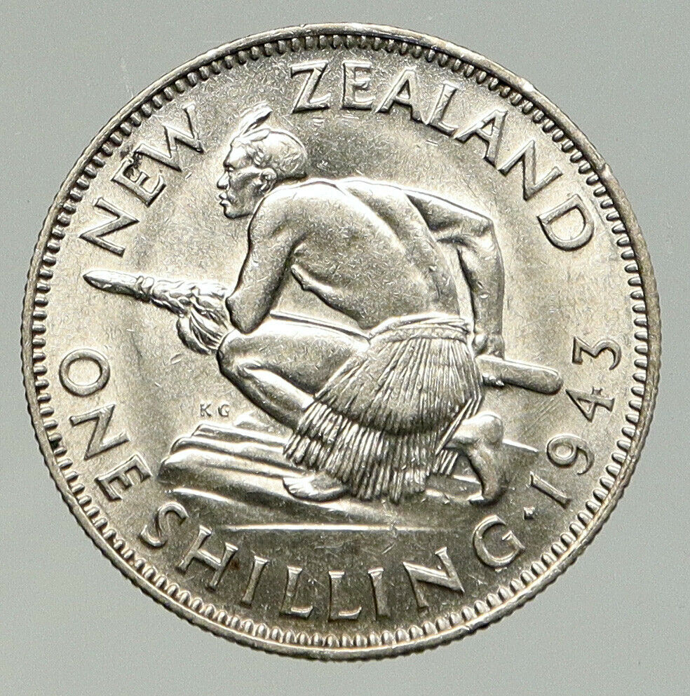 1943 NEW ZEALAND UK GEORGE VI Native Maori Warrior Silver Shilling Coin i92471