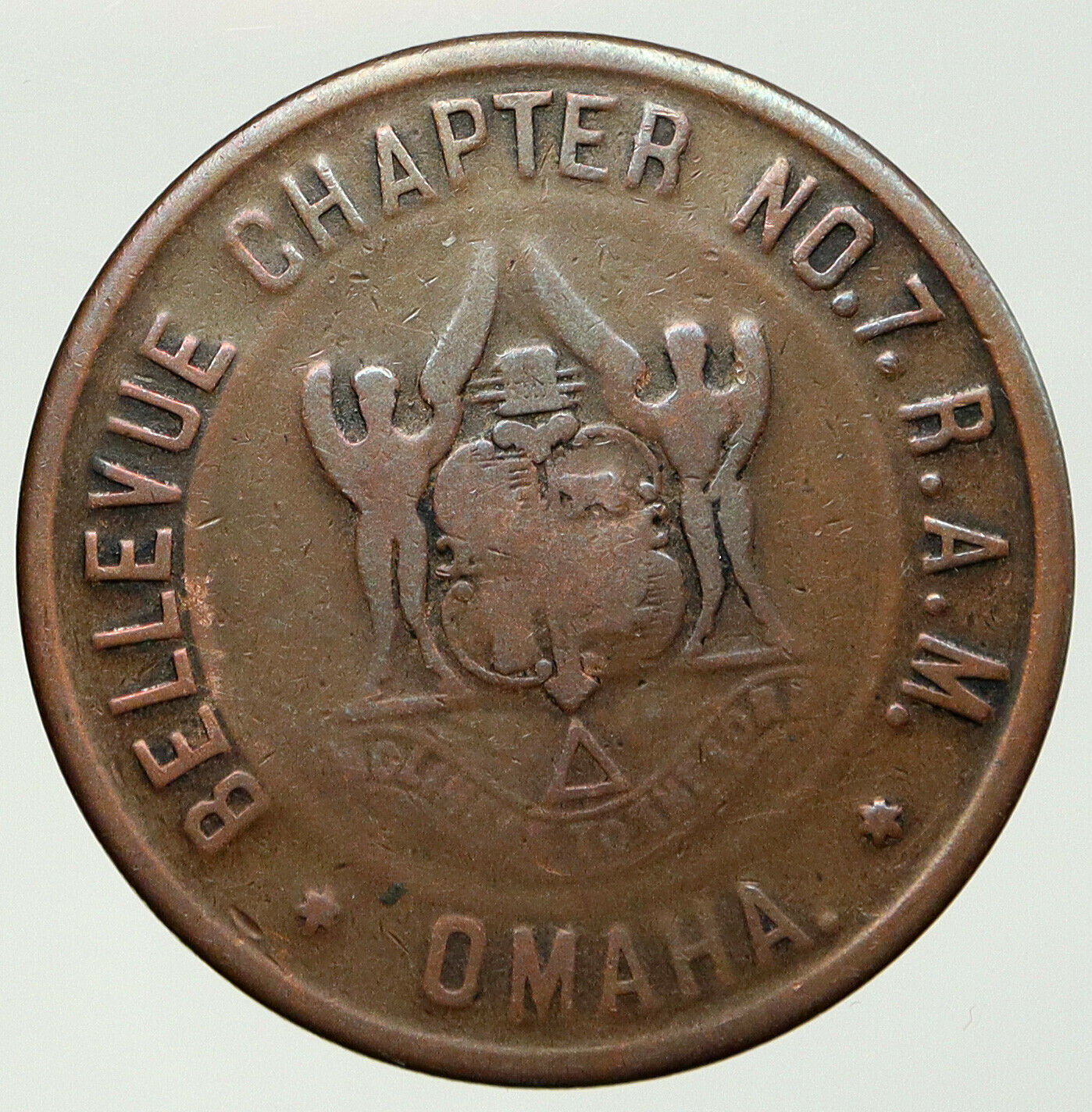 USA FREEMASON Omaha, NEBRASKA Bellevue Lodge No 7 VINTAGE Masonic Penny i92455