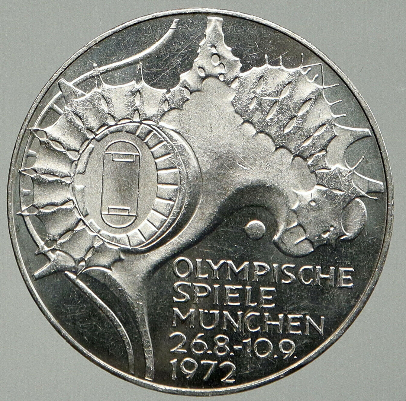 1972 J Germany Munich Summer Olympics Stadium VINTAGE 10 Mark Silver Coin i92437