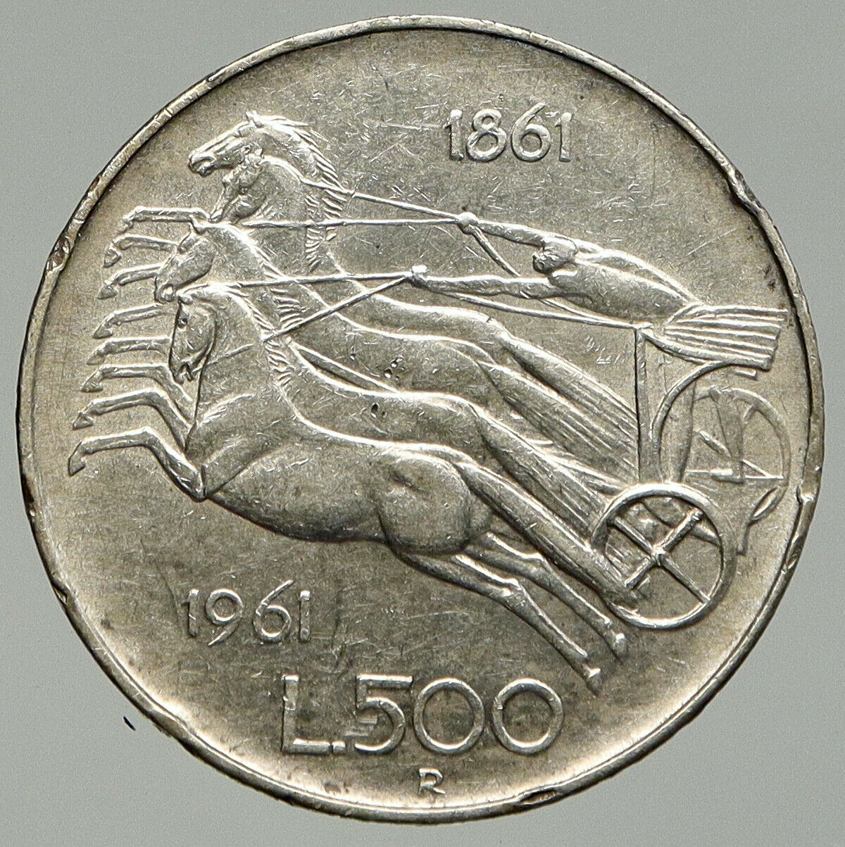 1961 ITALY Silver 500 Lire Coin ITALIAN UNIFICATION Rome Capital CHARIOT i92438