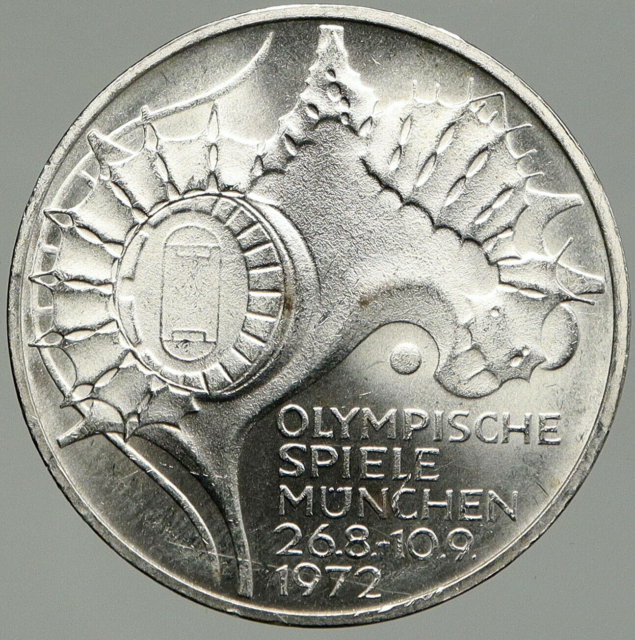 1972 F Germany Munich Summer Olympics Stadium VINTAGE 10 Mark Silver Coin i92421