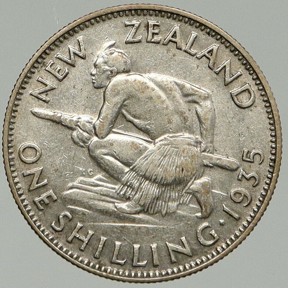 1935 NEW ZEALAND Silver One Shilling Coin GEORGE V - Native Maori Warrior i92426