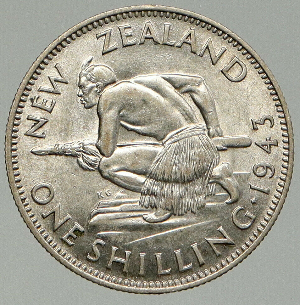 1943 NEW ZEALAND UK GEORGE VI Native Maori Warrior Silver Shilling Coin i92427