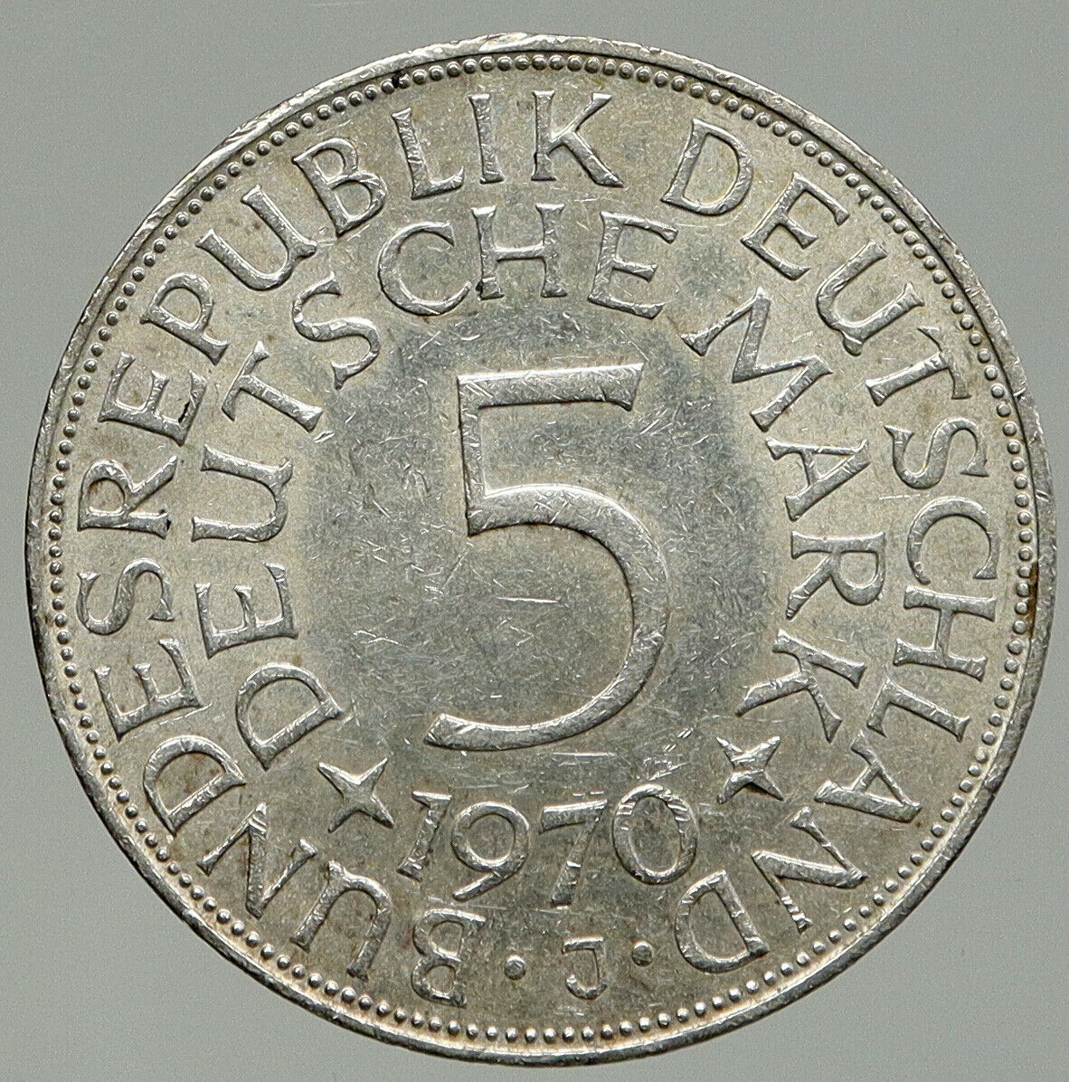 1970 J GERMANY Large Vintage Genuine Eagle OLD German Silver 5 Mark Coin i92424