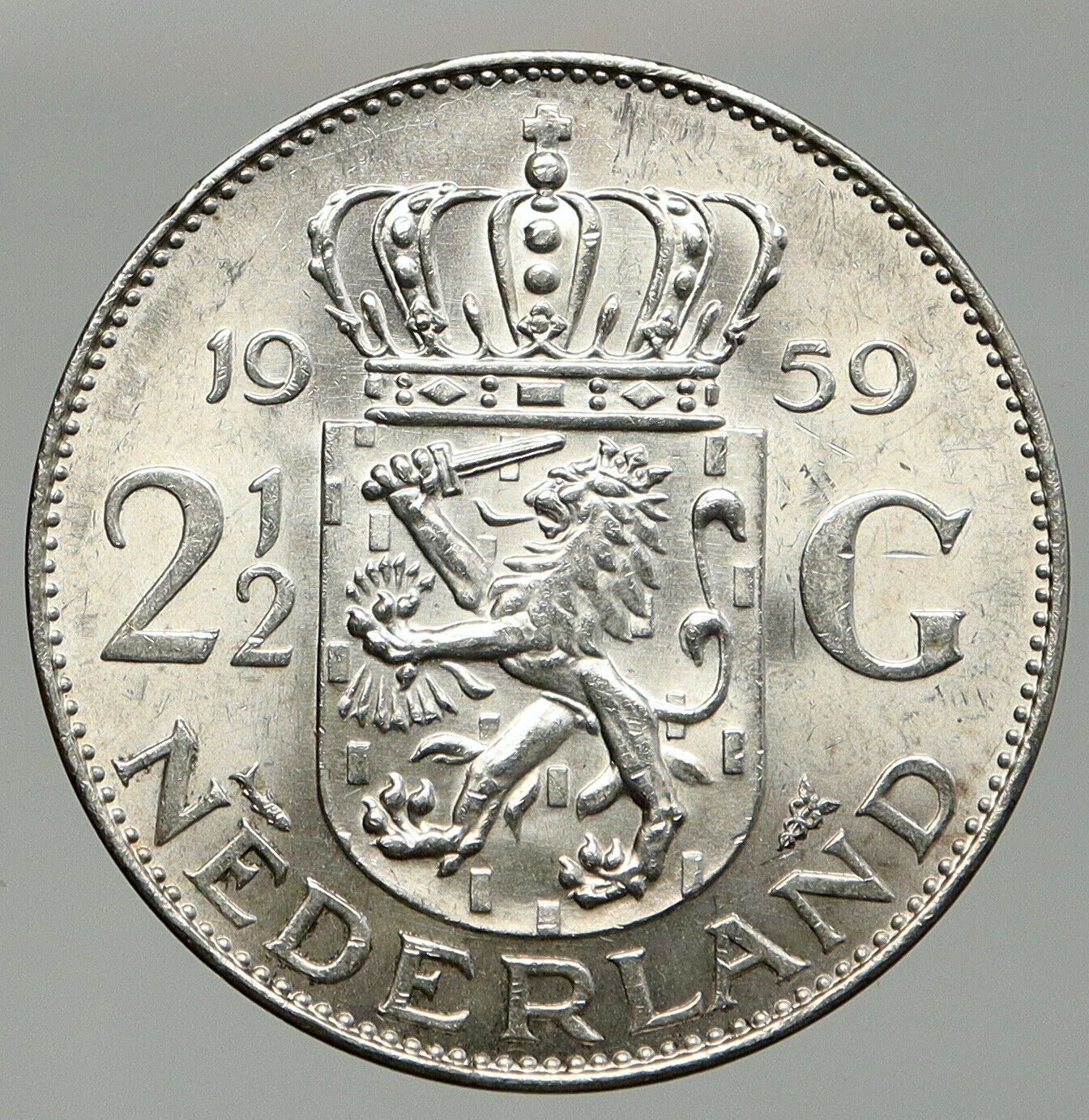 1959 Netherlands Kingdom Queen JULIANA Vintage Silver 2 1/2 Gulden Coin i92409