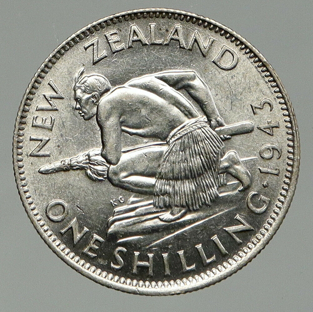 1943 NEW ZEALAND UK GEORGE VI Native Maori Warrior Silver Shilling Coin i92393