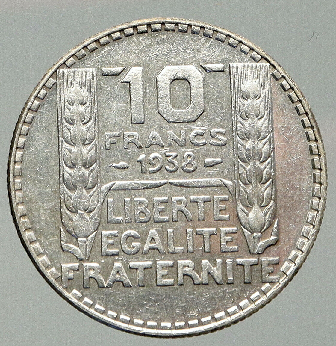 1938 FRANCE w Marianne FRENCH MOTTO Antique VINTAGE Silver 10 Francs Coin i92624