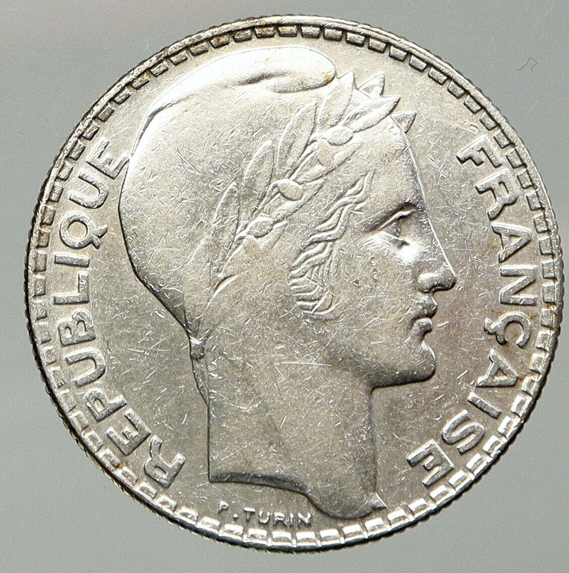 1938 FRANCE w Marianne FRENCH MOTTO Antique VINTAGE Silver 10 Francs Coin i92627