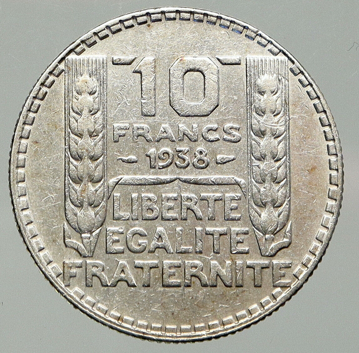 1938 FRANCE w Marianne FRENCH MOTTO Antique VINTAGE Silver 10 Francs Coin i92627