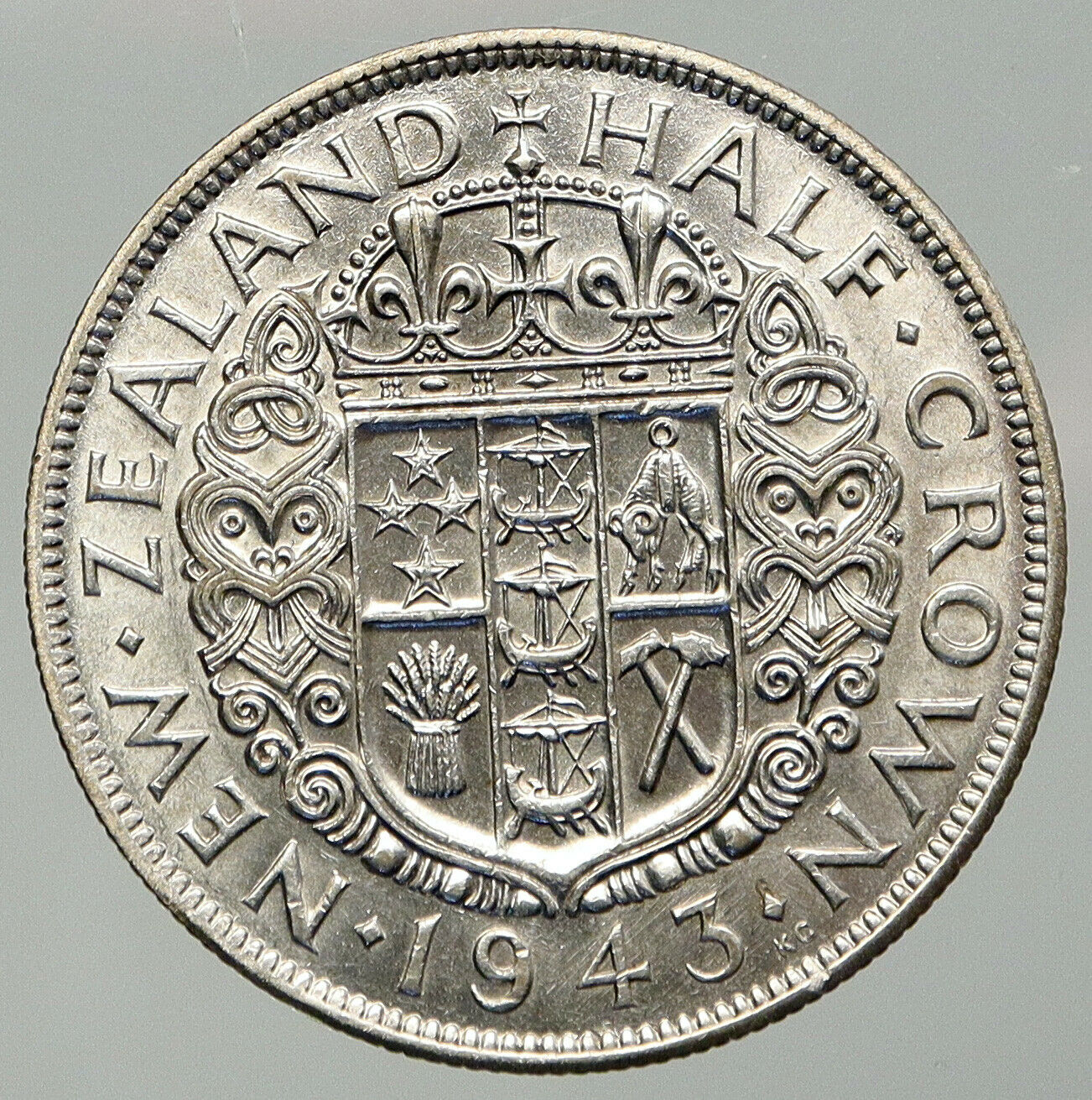 1943 NEW ZEALAND UK King George VI Shield Silver 1/2 Half Crown OLD Coin i92621