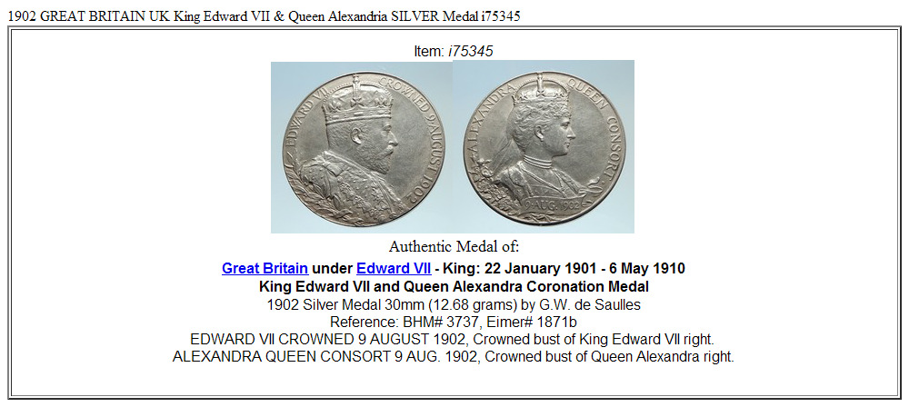 1902 GREAT BRITAIN UK King Edward VII & Queen Alexandria SILVER Medal i75345