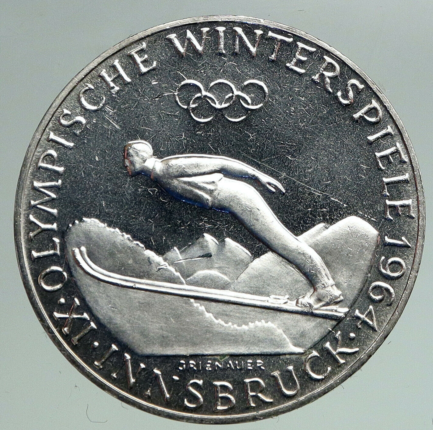 1964 AUSTRIA Innsbruck Winter Olympic Games SKIING OLD Silver 50Shlg Coin i92169