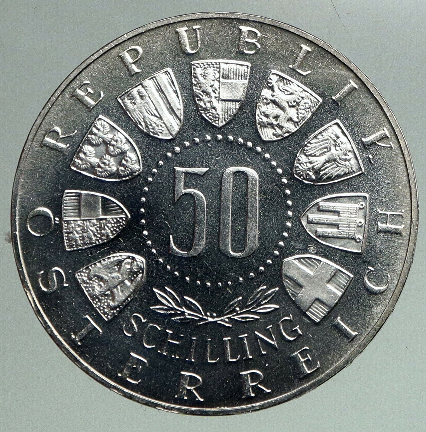 1964 AUSTRIA Innsbruck Winter Olympic Games SKIING OLD Silver 50Shlg Coin i92169