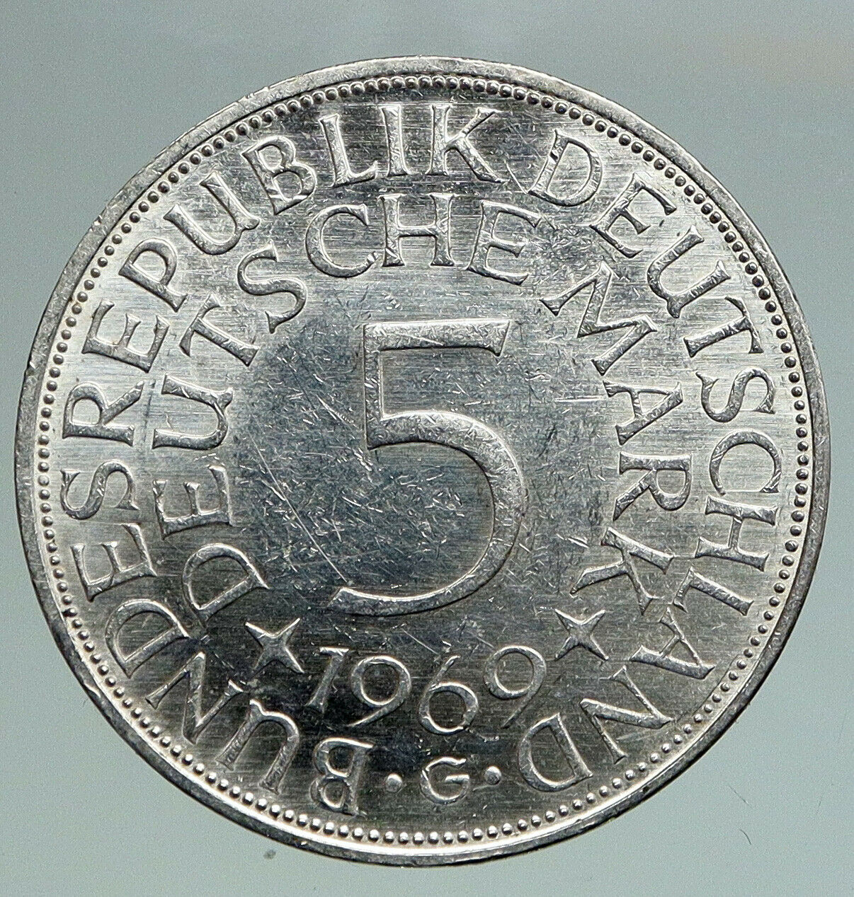 1969 G GERMANY Large 5 Mark Silver Vintage OLD Genuine Eagle German Coin i92155