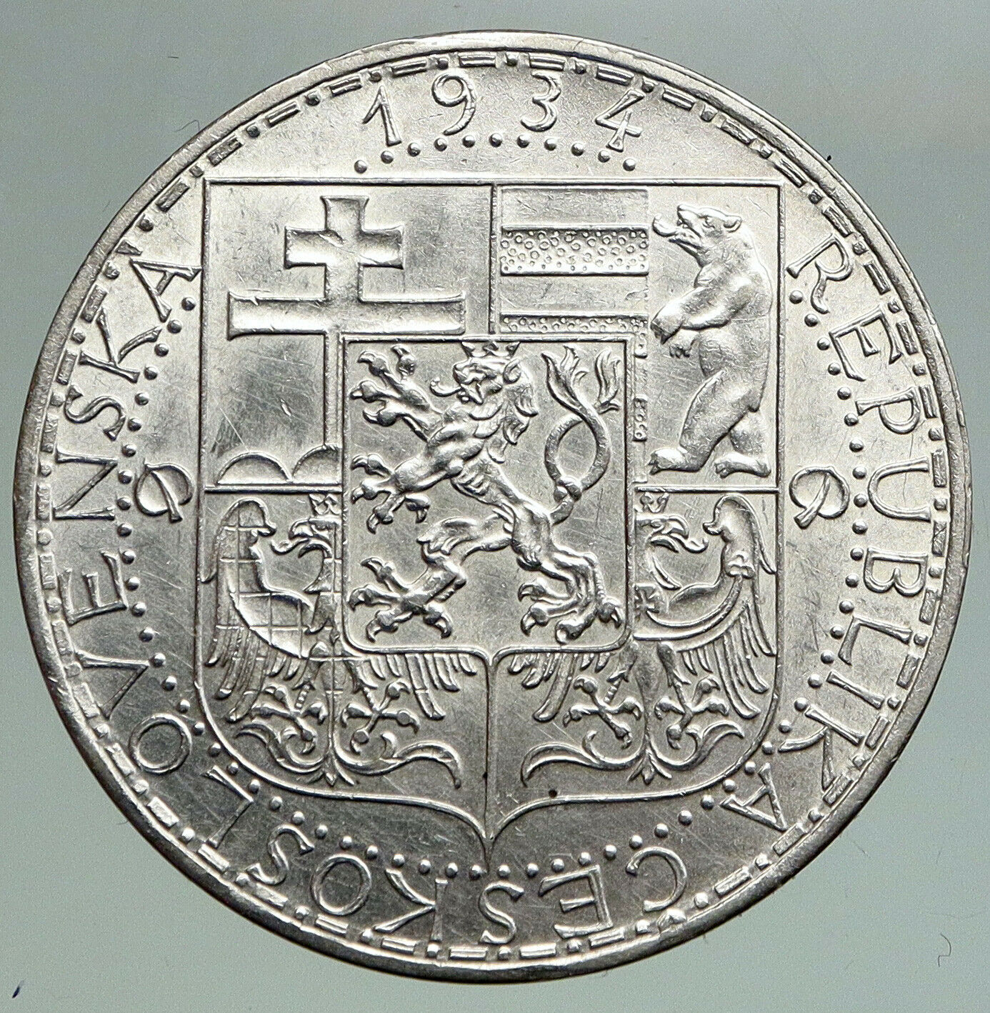 1934 CZECHOSLOVAKIA Industry Agriculture Business Silver 20 Korun Coin i92170