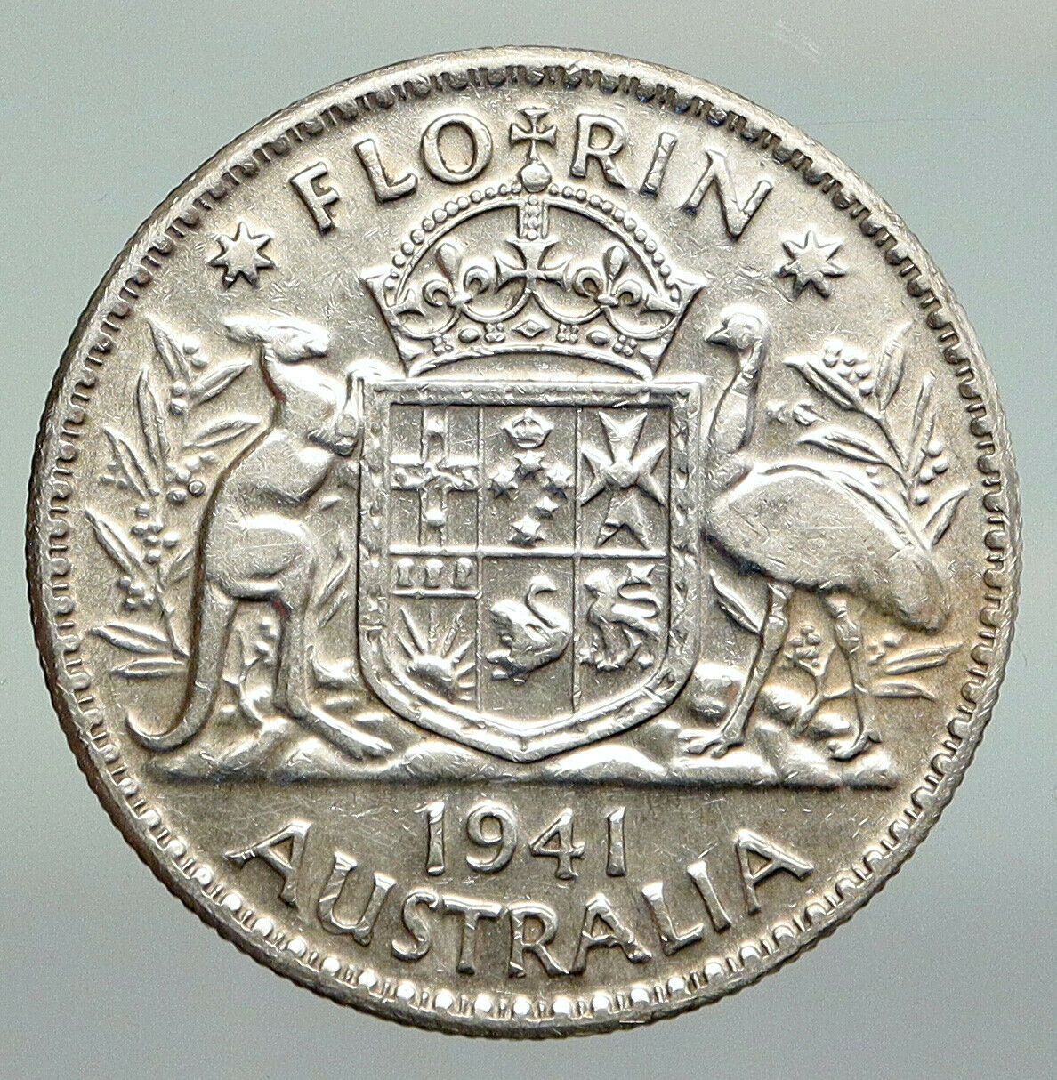 1941 AUSTRALIA Large King George VI Kangaroos Antique Silver Florin Coin i92315