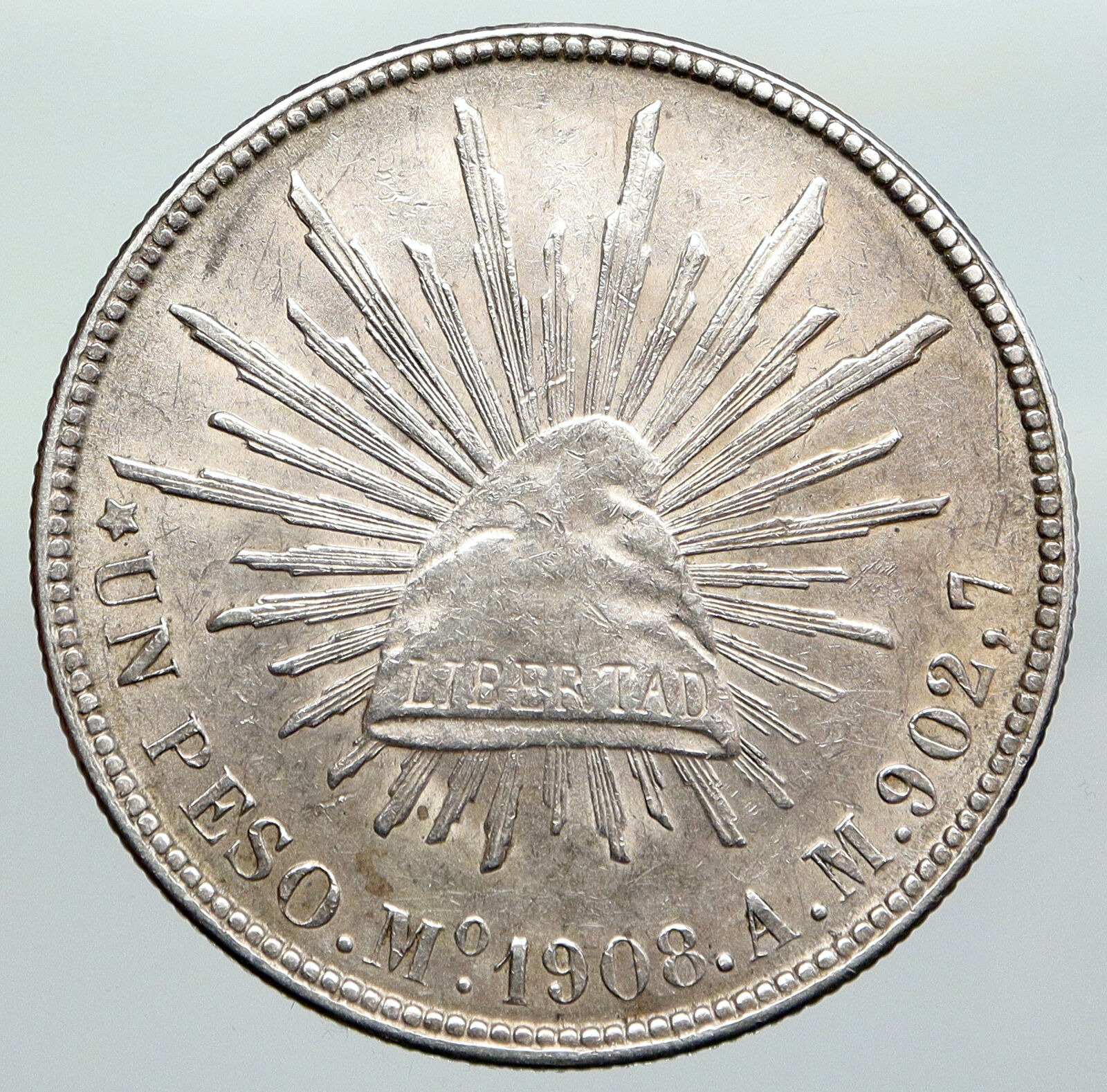 1902 Mo AM MEXICO Large Eagle Sun Antique Mexican OLD Silver Peso Coin i92293