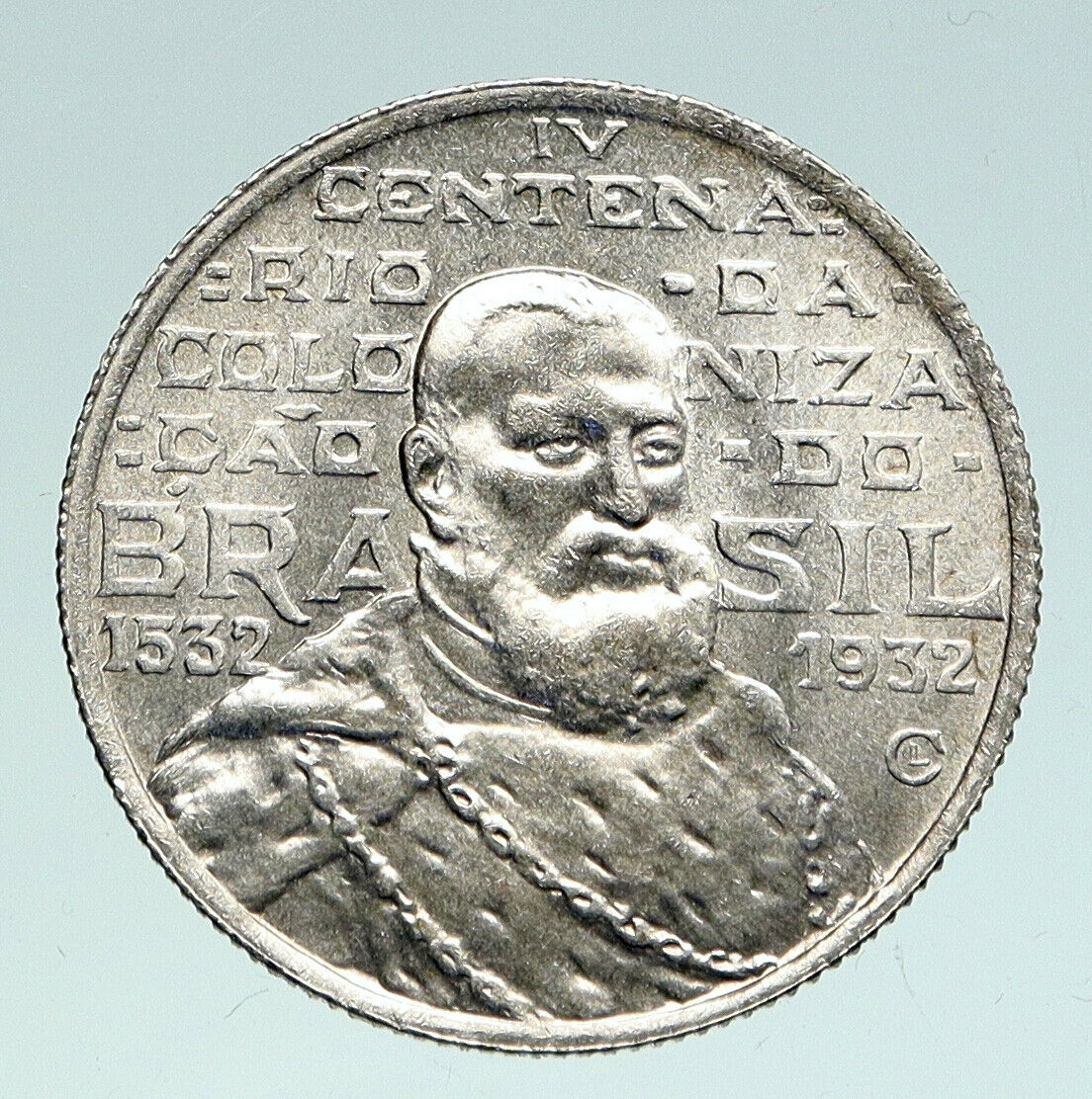 1932 BRAZIL 400th Ann Colonization JOAO III ANTIQUE Silver 2000 Reis Coin i91089