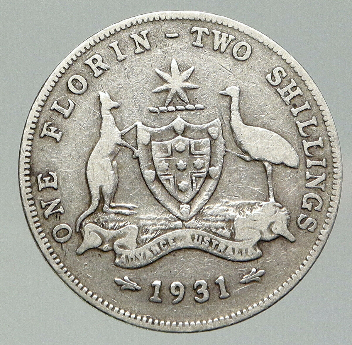 1931 AUSTRALIA UK King George V COAT OF ARMS Vintage Silver Florin Coin i92108