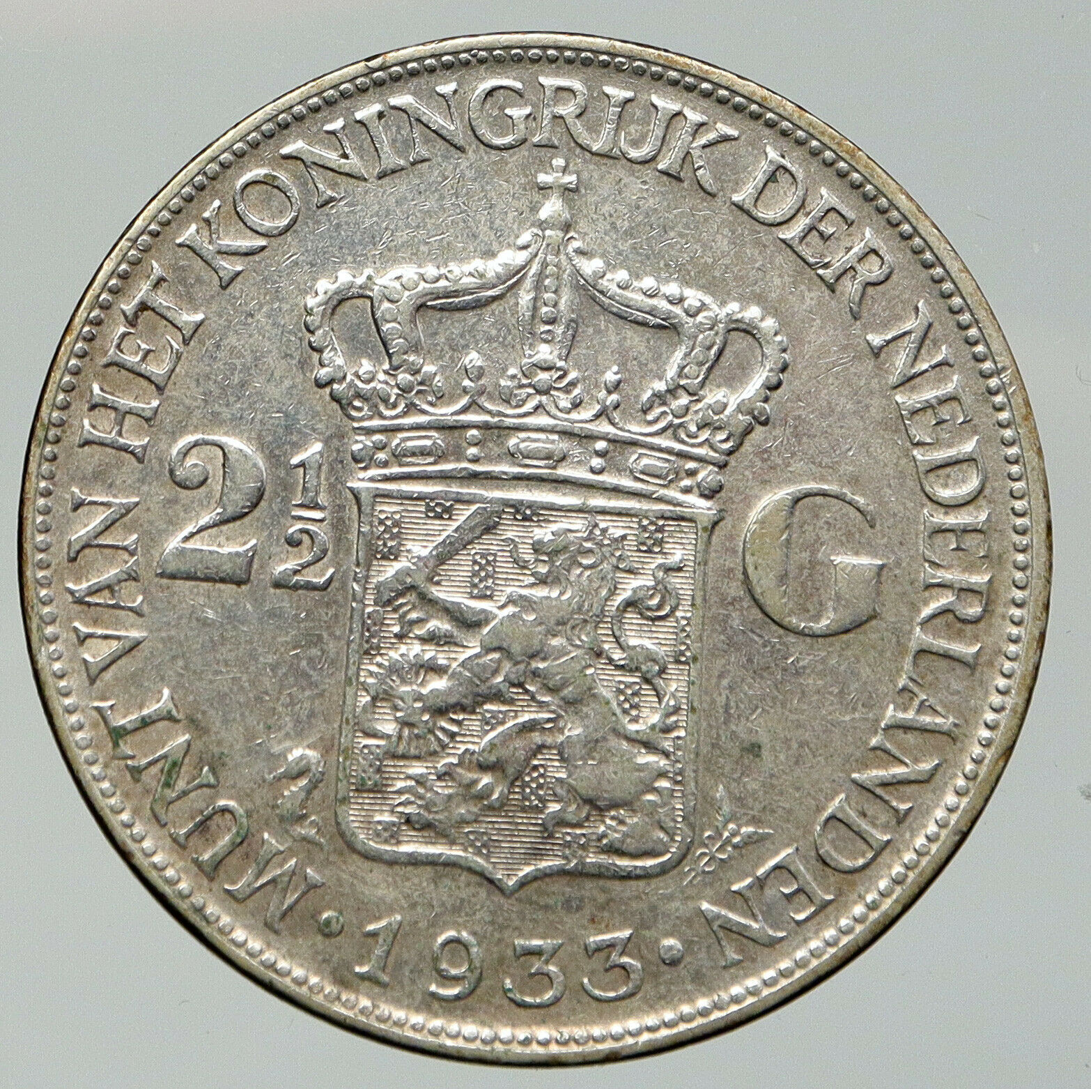 1933 Netherlands Kingdom Queen WILHELMINA 2 1/2 Gulden BIG Silver Coin i92112