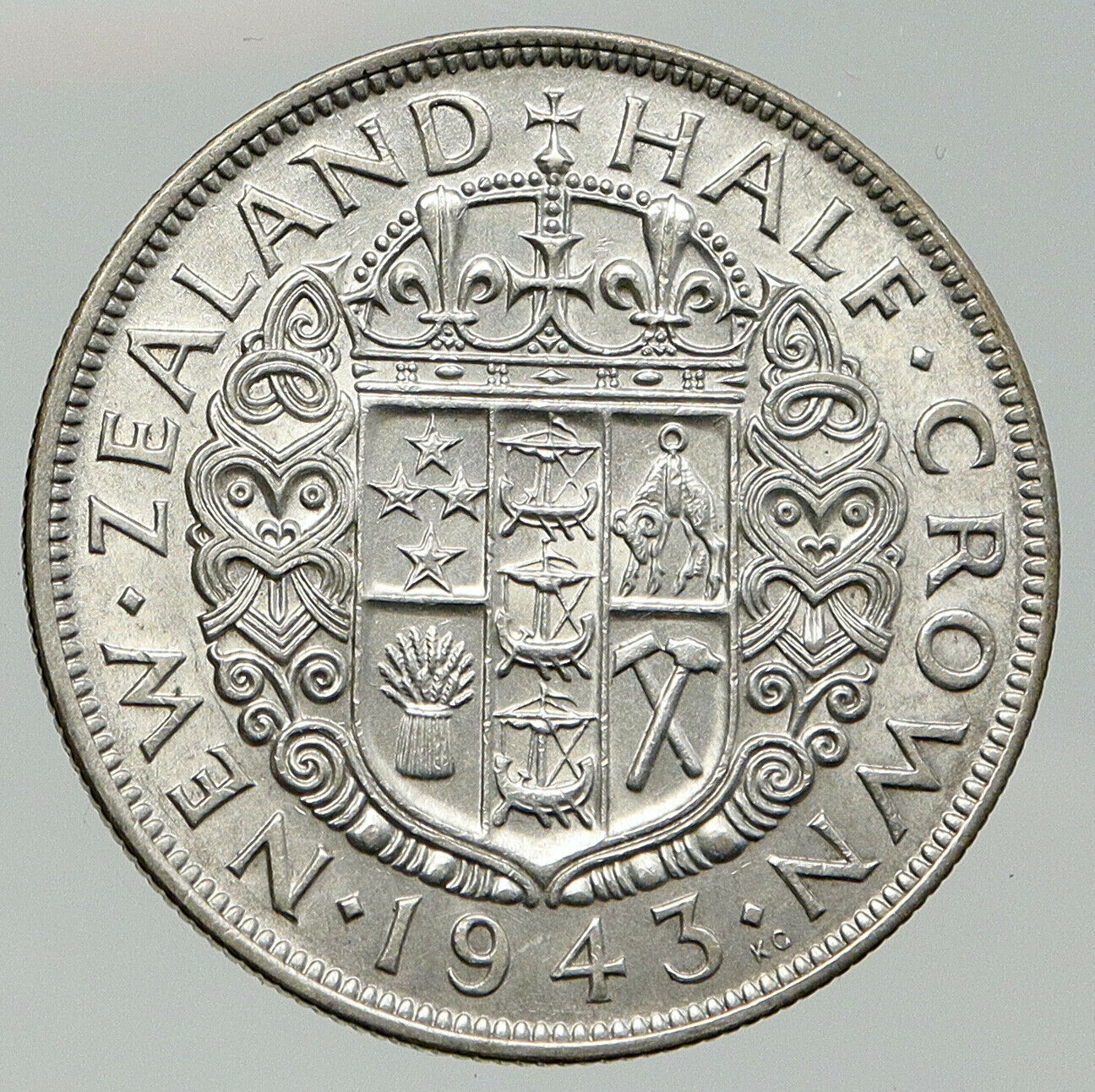 1943 NEW ZEALAND UK King George VI Shield Silver 1/2 Half Crown OLD Coin i92124