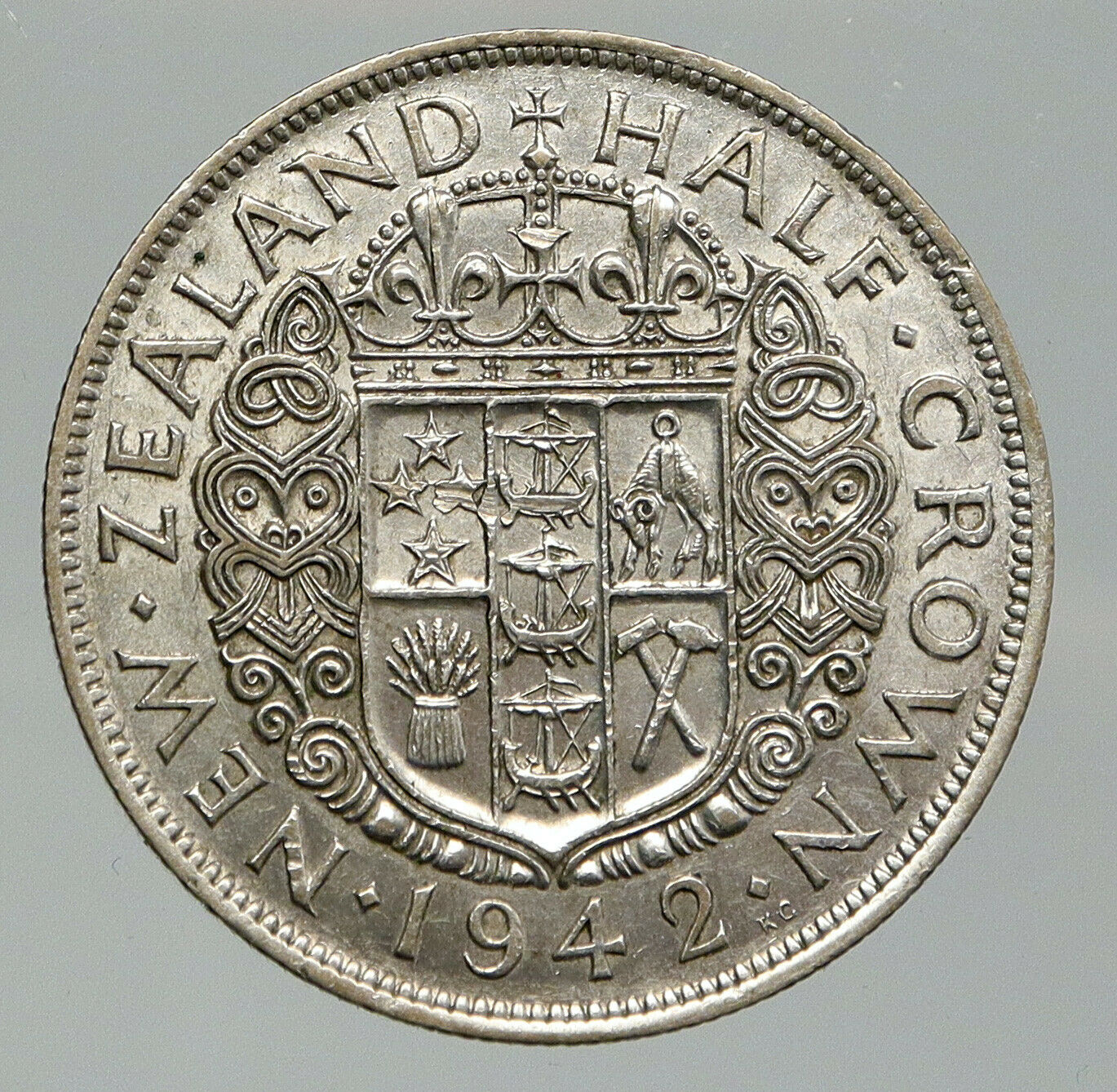 1942 NEW ZEALAND UK King George VI OLD Silver 1/2 Half Crown Coin Shield i92118