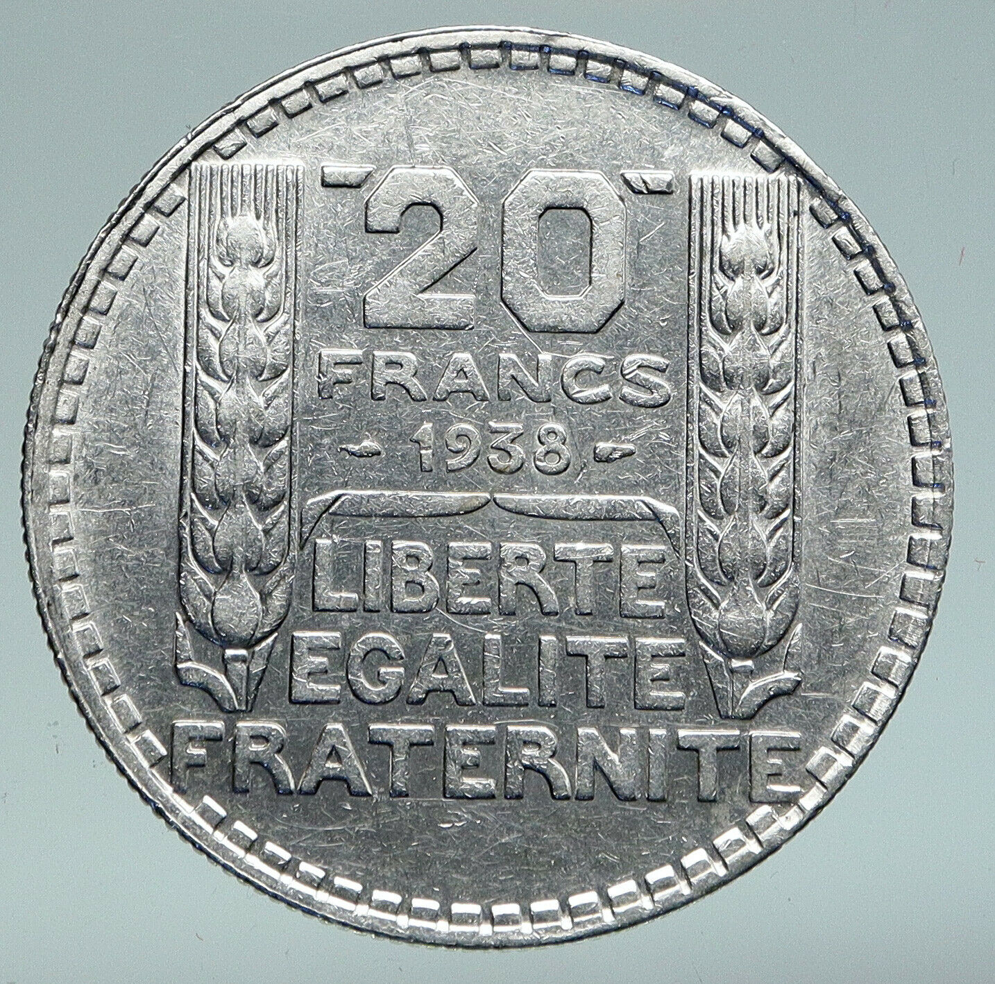 1938 FRANCE VINTAGE Large Antique French MOTTO Silver 20 Francs Coin i91086