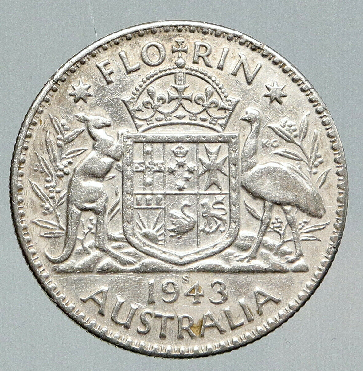 1943 AUSTRALIA Large King George VI Kangaroos Antique Silver Florin Coin i91959