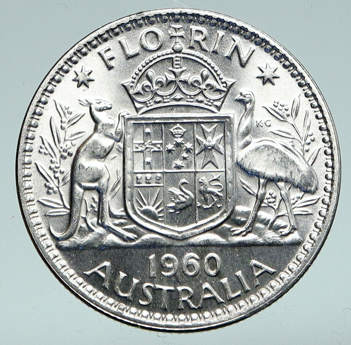 1960 AUSTRALIA - UK Queen Elizabeth II SILVER FLORIN Coat-of-Arms Coin i91088