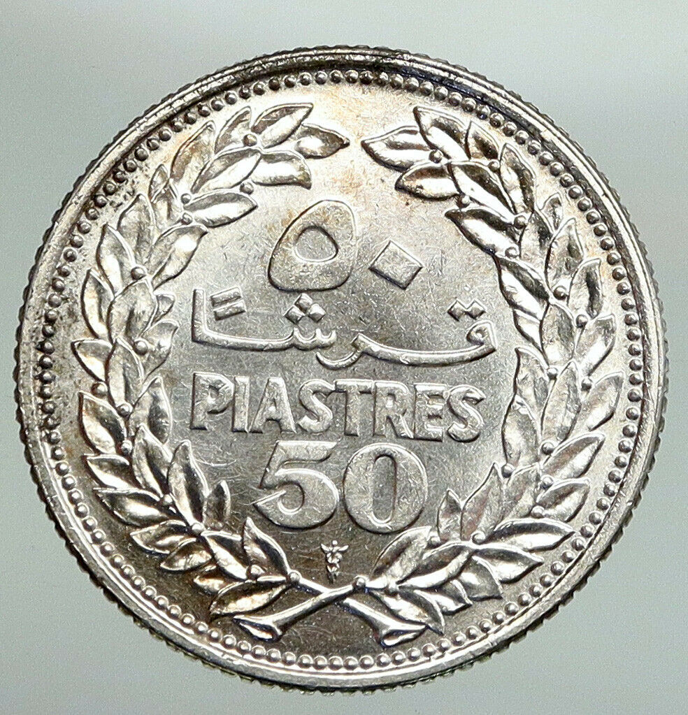 1952 LEBANON Cedar Tree Wreath Antique Genuine Silver 50 Piastres Coin i91255