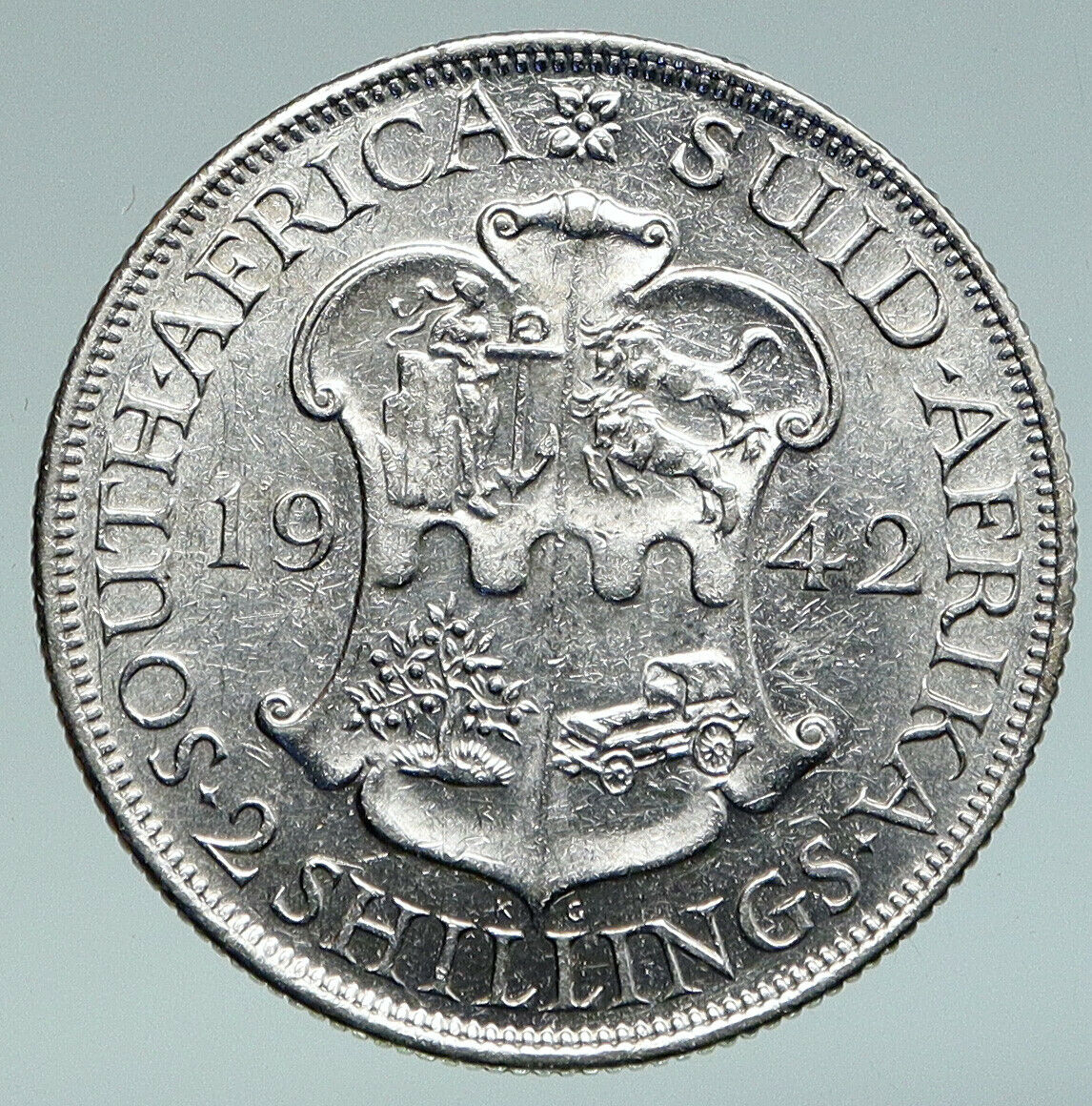 1942 SOUTH AFRICA Large GEORGE VI Shields VINTAGE Silver 2 Shillings Coin i91090