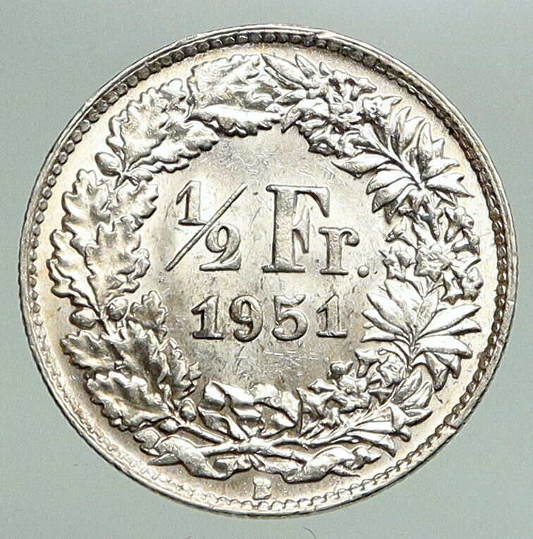 1951B SWITZERLAND HELVETIA Symbolizes SWISS Nation SILVER 1/2 Francs Coin i91254