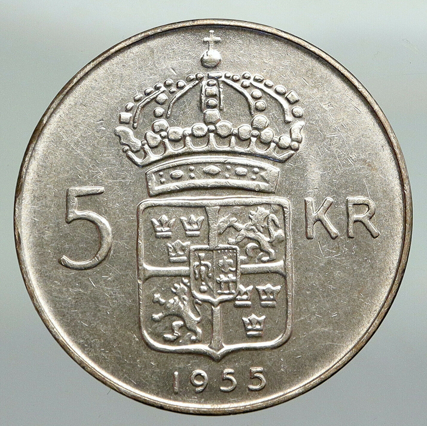 1955 Sweden KING GUSTAF VI Crowned ARMS Vintage OLD Silver 5 Kroner Coin i91253