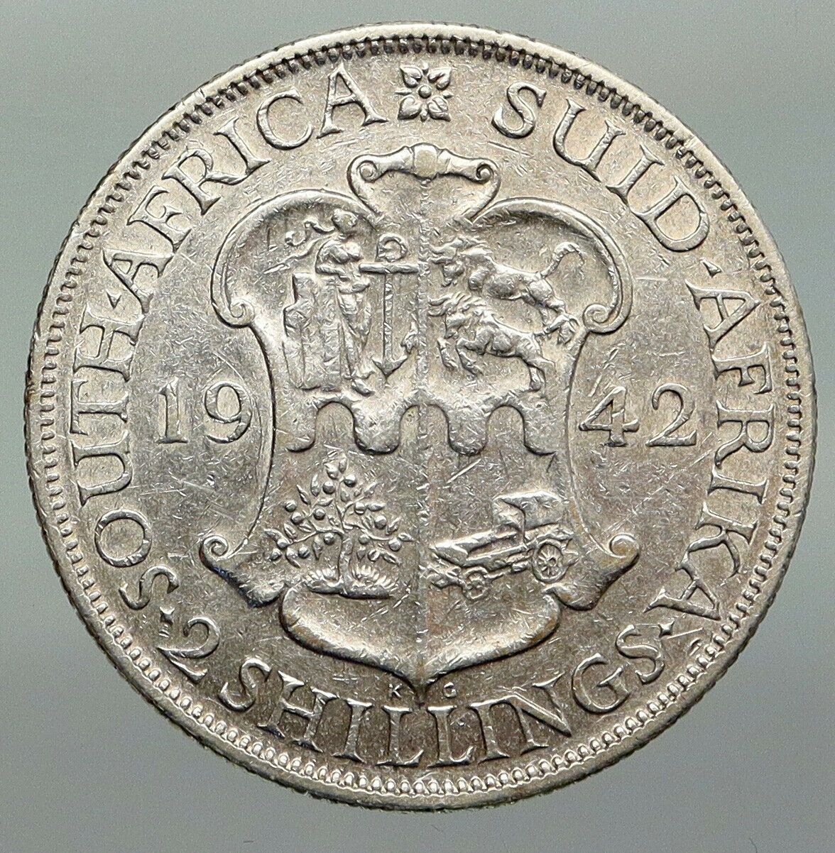 1942 SOUTH AFRICA Large GEORGE VI Shields VINTAGE Silver 2 Shillings Coin i91265