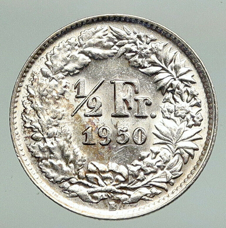 1950B SWITZERLAND HELVETIA Symbolizes SWISS Nation SILVER 1/2 Francs Coin i91252