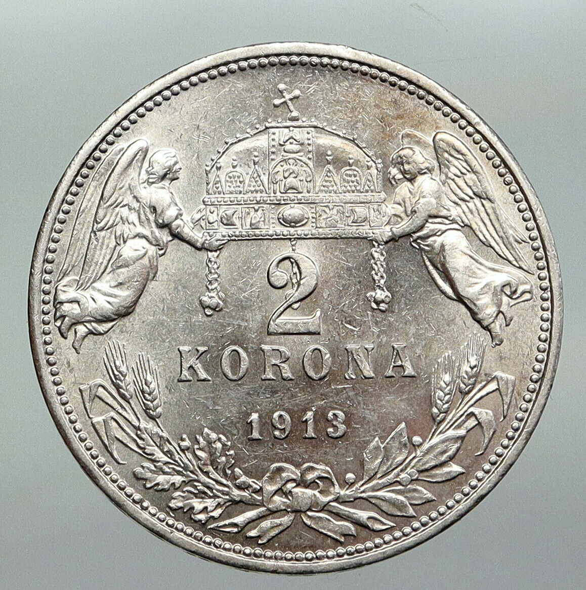 1913 HUNGARY w King Franz Joseph I Hungarian Antique Silver 2 Korona Coin i92273