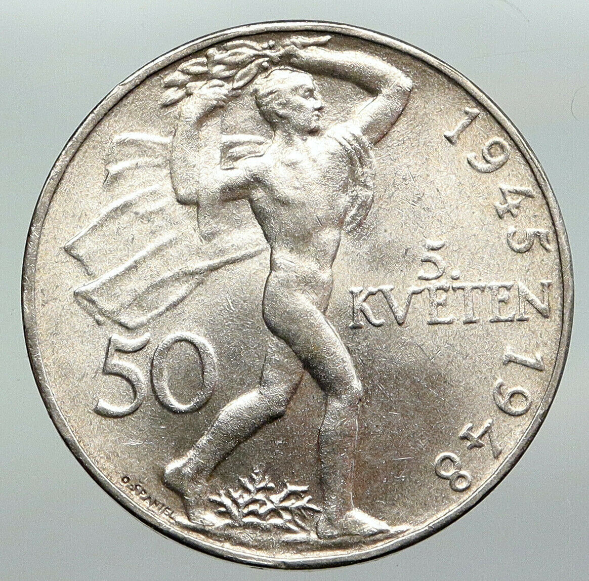 1948 CZECH REPUBLIC Lion & Liberator Man OLD Vintage Silver 50 Korun Coin i92280