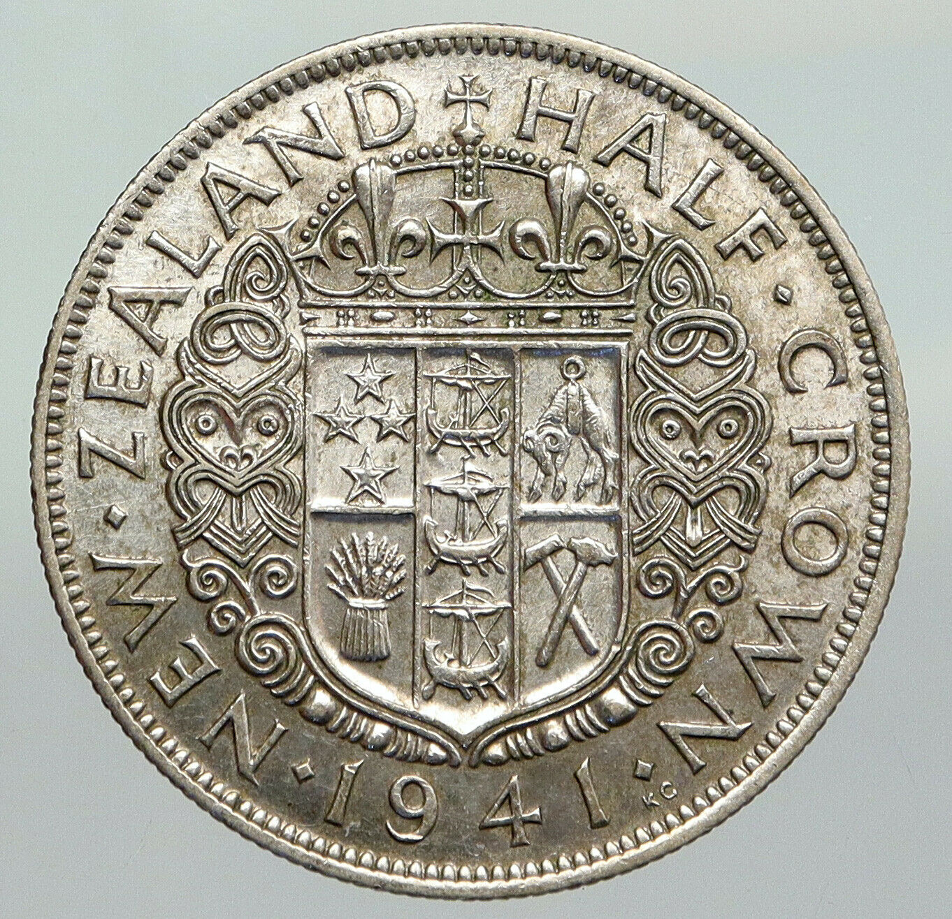 1941 NEW ZEALAND UK King George VI Shield Silver 1/2 Half Crown OLD Coin i92286