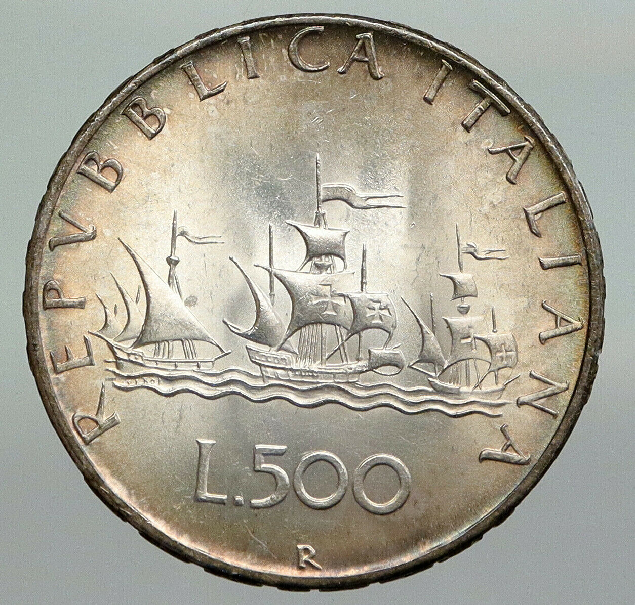 1966 ITALY CHRISTOPHER COLUMBUS Ship DISCOVER America SILVER 500Lire Coin i92289