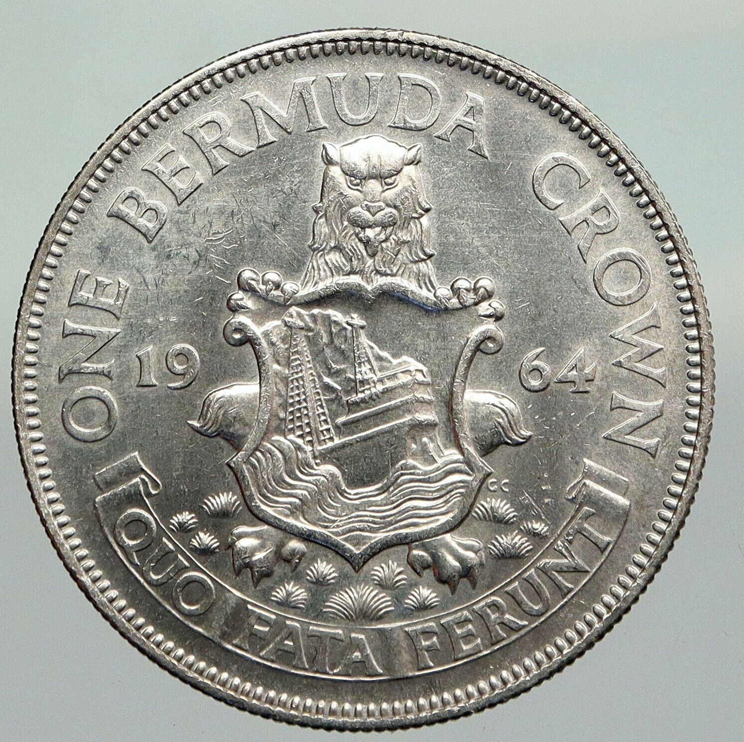 1964 BERMUDA British Colony LARGE Elizabeth II VINTAGE Silver Crown Coin i92287