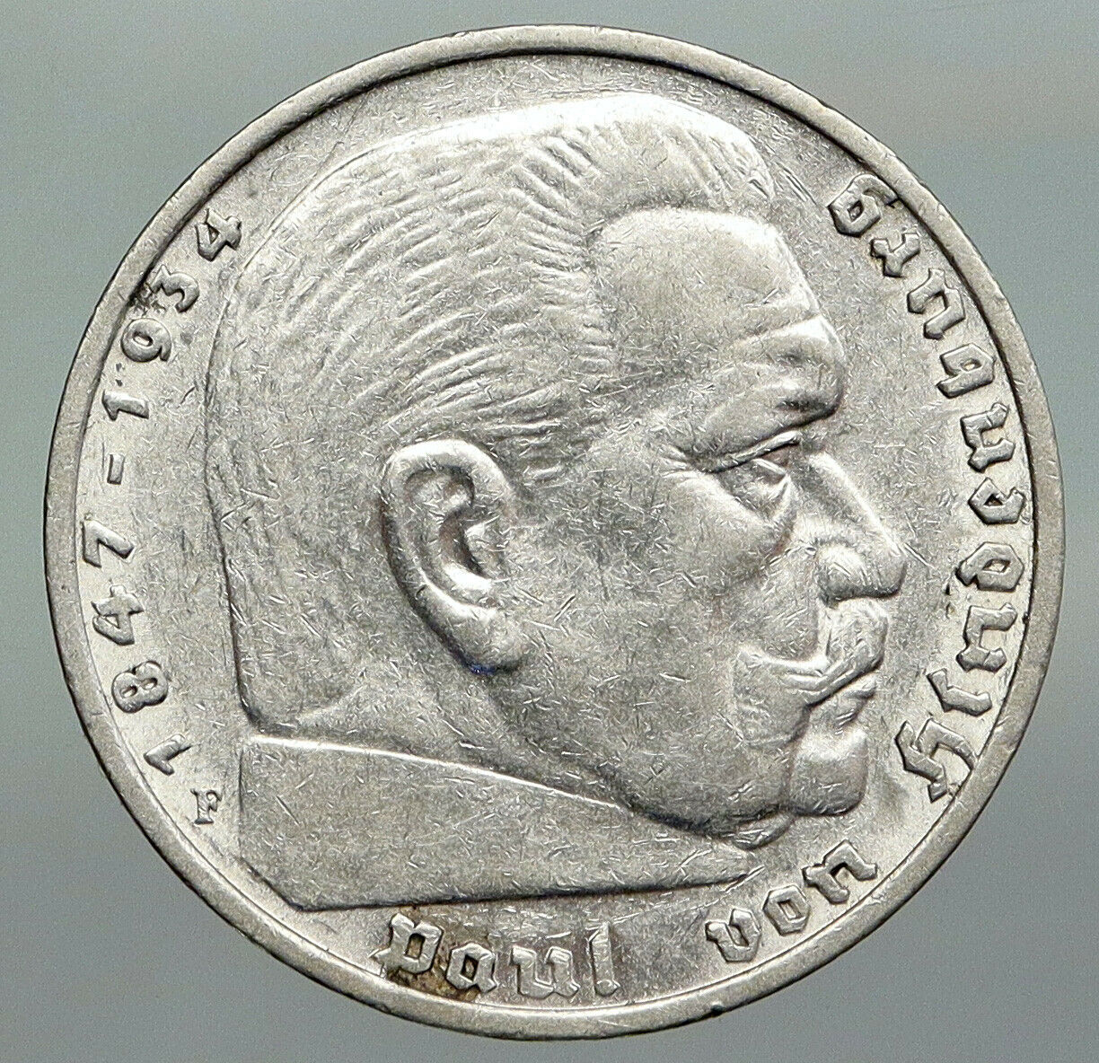 1936F Germany 2nd President Paul von Hindenburg Silver German 5 Mark Coin i92288